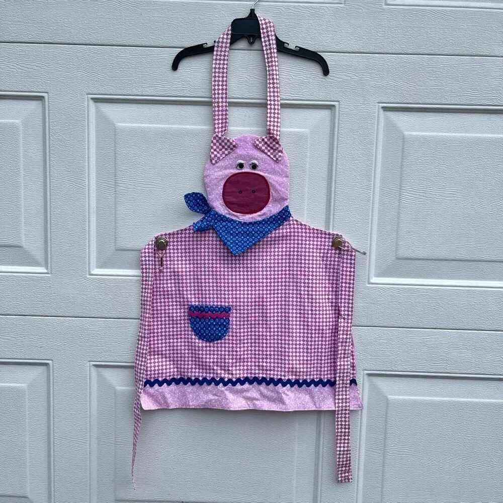 VTG Handmade Pig Apron Kids Gingham Farmhouse Cottagecore Dress Up